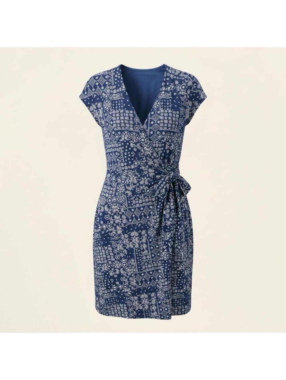 Lands End Women's Faux Wrap Sleeveless V Neck Dress Navy Bandana Sz 2X (20W-22W)